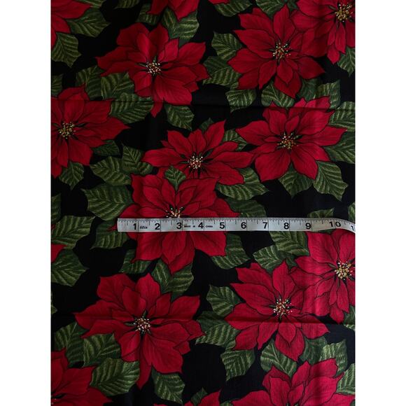 Fabric Cotton Christmas Holiday Poinsettia Floral Black Red - Picture 2 of 2